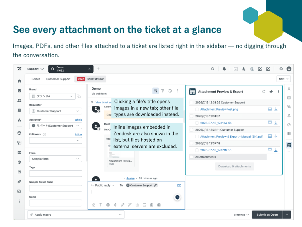 Attachment Preview & Export primary marketing image — Agent Productivity app on the Zendesk Marketplace